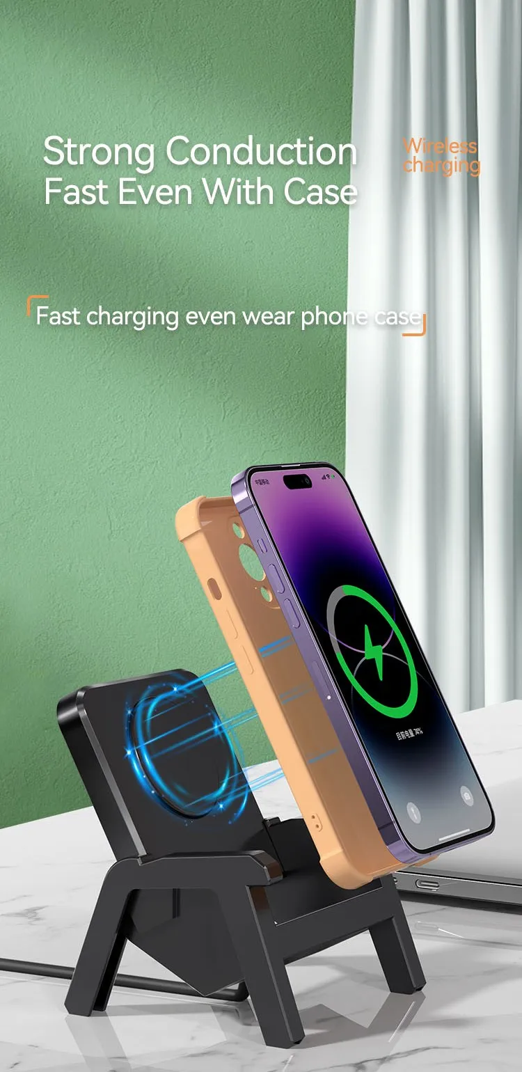 Chair Style Wireless Charger 15W Fast Wireless Charging Bracket Loudspeaker Phone Holder Detachable 3 Purpose Vertical Holder