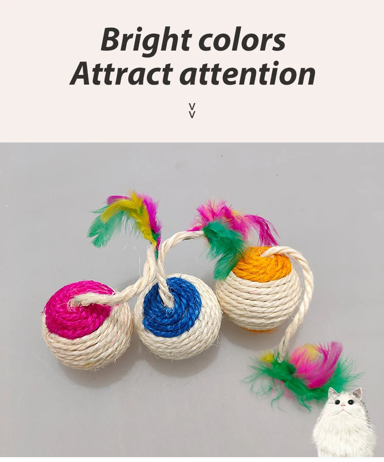 Description Picture 6 of item1 Pc Random Color Sisal Interactive Ball Cat Toy Pet Supplies Feather Cat Training Catcher Cat Accessories Random Color Toy Ball