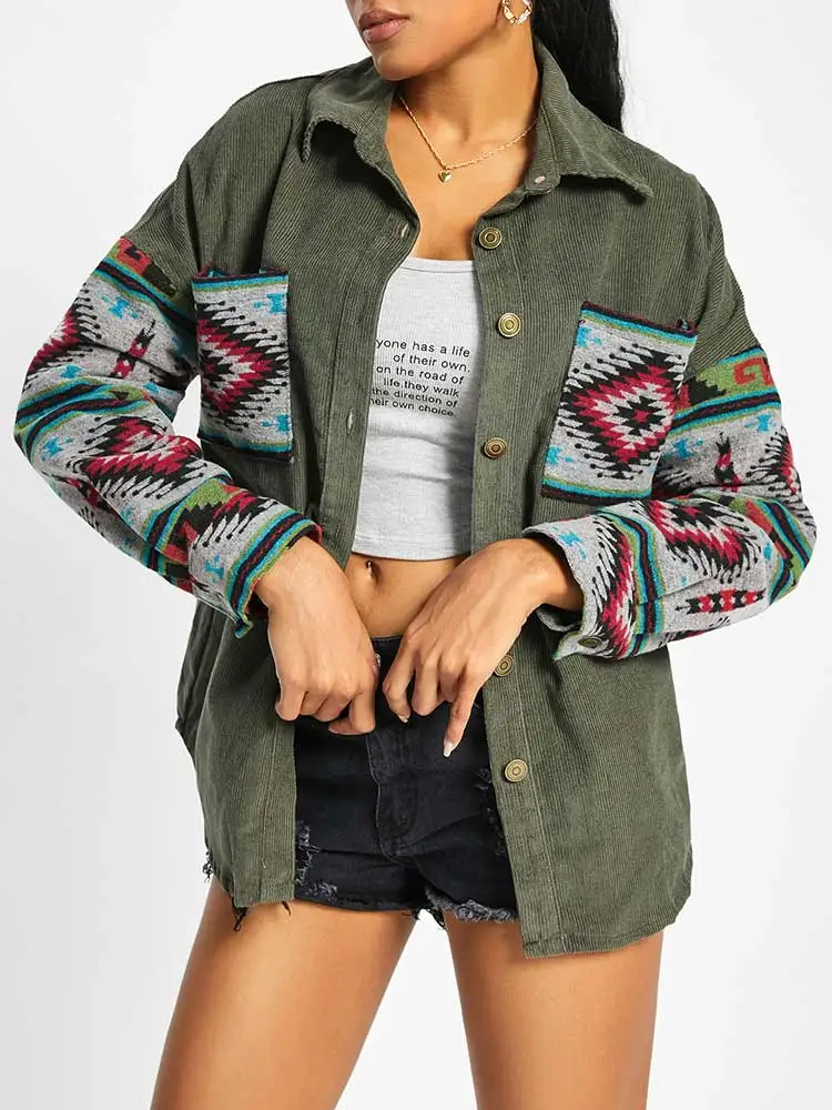 Description Picture 2 of itemZAFUL Jacket for Women Corduroy Long Sleeves Shacket Ethnic Aztec Print Shirt Jackets Fall Winter Streetwear Outerwear NEW