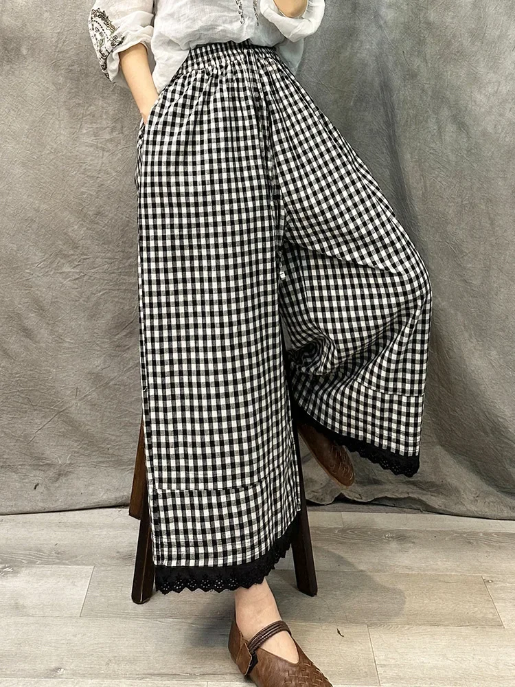Description Picture 6 of itemSummer Women Wide Leg Pant High Waist Drawstring Loose Oversize Pant Plaid Trousers Skirt Pants Retro Casual Streetwear X148