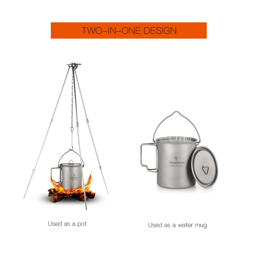Description Picture 6 of itemTOMSHOO Ultralight 750ml Titanium Pot Portable Titanium Water Mug Cup with Lid and Foldable Handle Outdoor Cooking Equipment