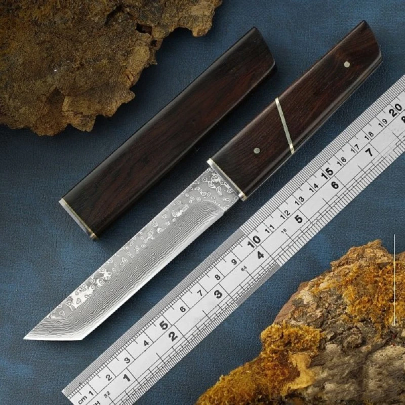1pc Sharp Damascus Steel Outdoor Straight Knife,Portable EDC Camping Pocket Knife with Scabbard,Suitable for Outdoor, Hiking Use