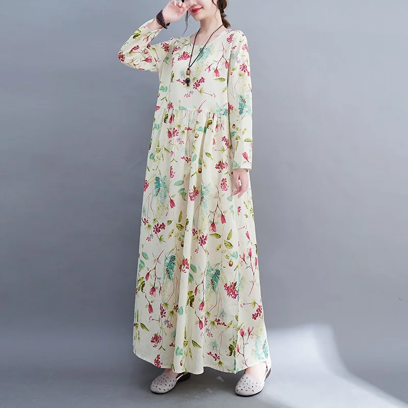 Description Picture 5 of itemlong sleeve oversized cotton vintage floral dresses for women casual loose spring summer autumn dress elegant clothing 2023