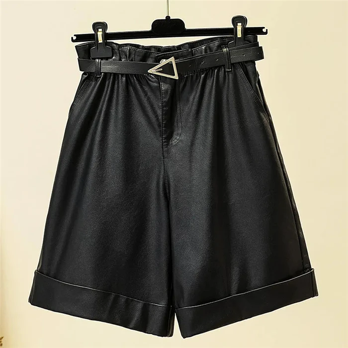 Description Picture 5 of itemFashion Leather Pants Plus Size Leather Shorts Five Pants Wash Shui Pi Pants Women New Loose Wide Leg High Waist Short Pants