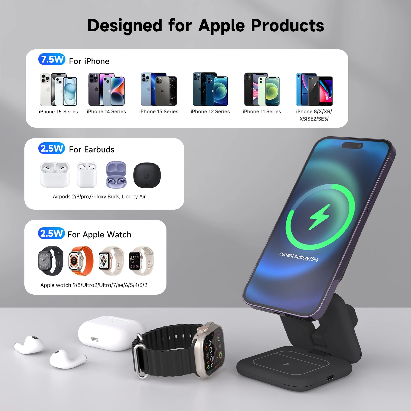 2024 New Upgrade Foldable Magnetic for iPhone 15 14 Wireless Charger Station for Apple Watch S9 Fast Charging Stand Dock Holder