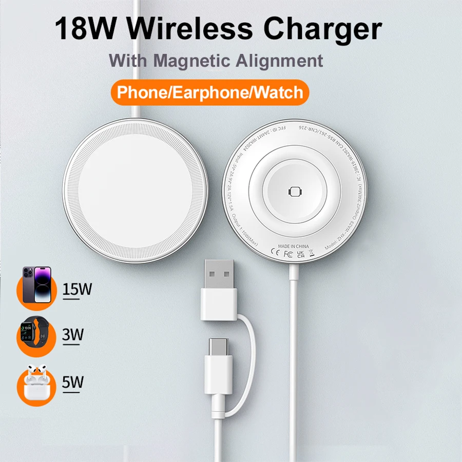 Magnetic Wireless Charger 3 In 1 Double Sided 18W Fast Charging for Apple Devices iPhone Airpods Watch and Qi Wireless Charging