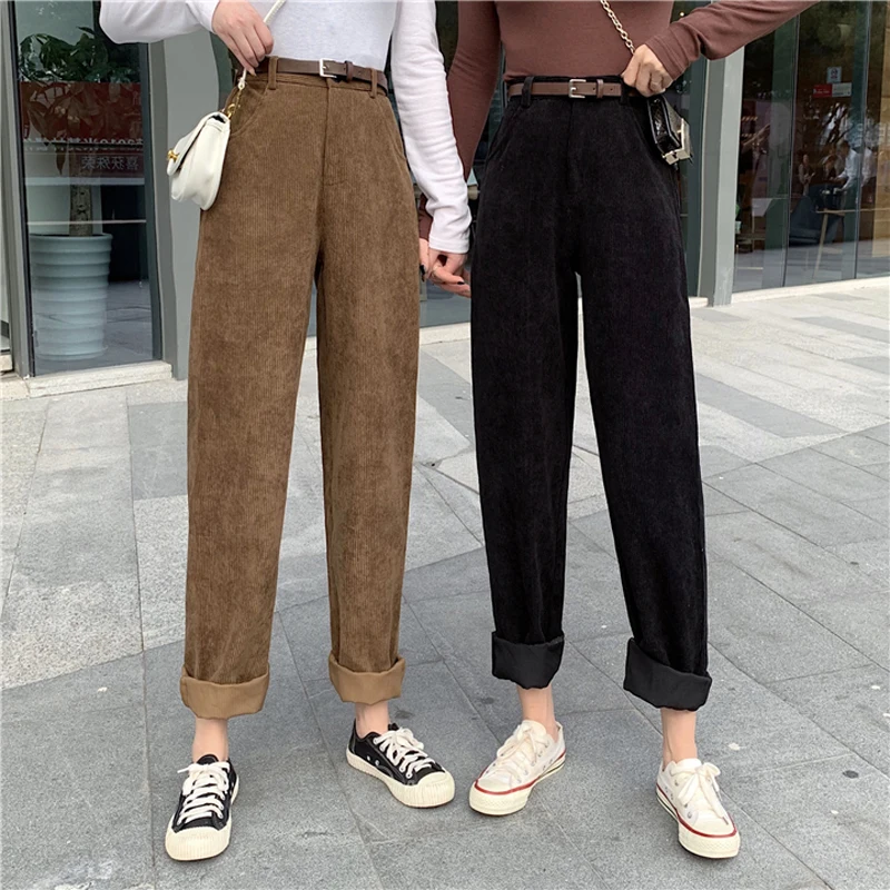 Description Picture 3 of itemZoki High Waist Corduroy Pants Fashion Belt Autumn Wide Leg Full Pants Spring Korean Pure Cotton Black Streetwear Ladies Trouser