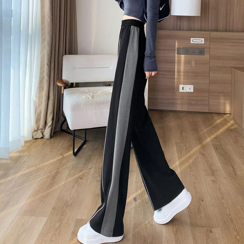 Casual Streetwear Loose Contrast Color Straight Wide Leg Trousers Female 2023 Summer Korean Fashion High Waist Baggy Pants Women