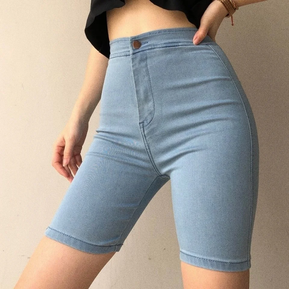 Slim Knee Length Jeans Women Skinny High Waist Denim Pencil Shorts Pants Female Sexy Elastic Summer Tight Five-point Pants