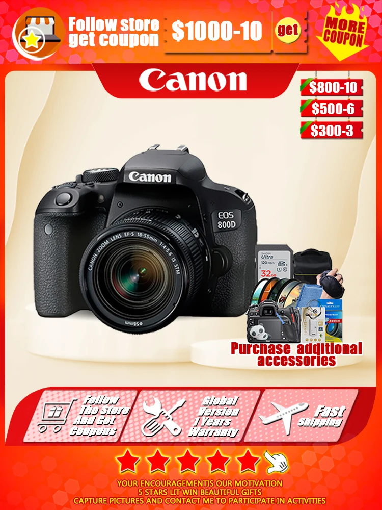 Iconic Brand EOS 800D APS-C frame DSLR camera 45 point focusing system, full pixel dual core focusing, electronic five axis anti shake