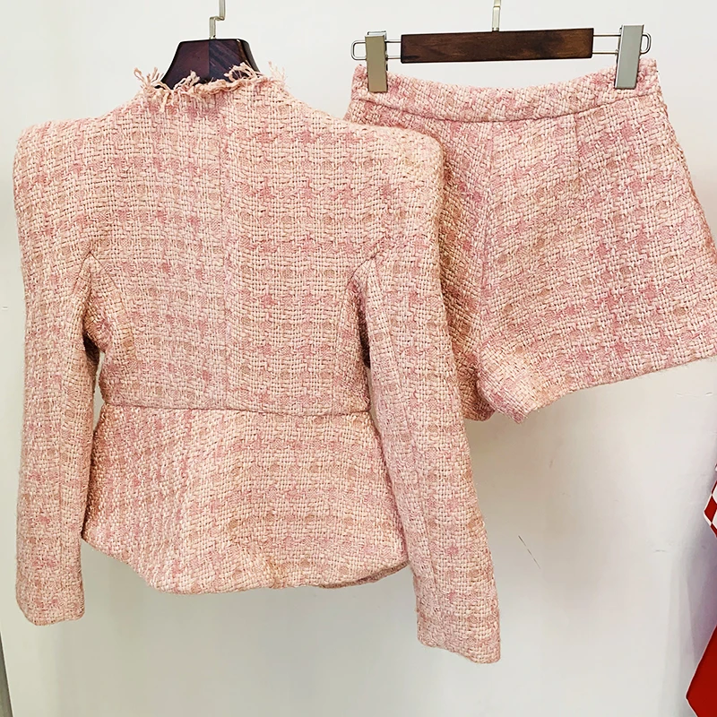 Description Picture 3 of itemHIGH QUALITY 2023 Newest Fashion Designer Runway Suit Set Women's Gold Buttons Tassel Fringed Tweed Jacket Shorts Set