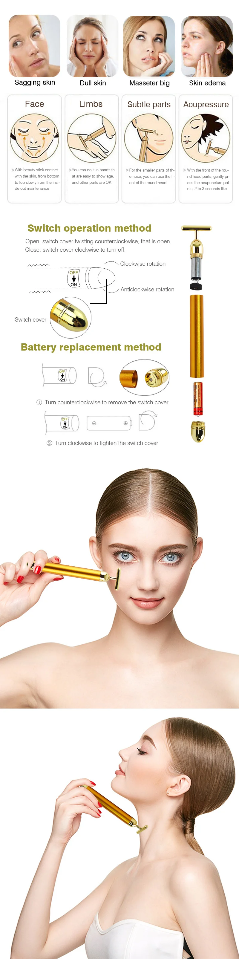 Description Picture 4 of itemSlimming Face 24k Gold Colour Vibration Facial Beauty Bar Stick Lift Skin Tightening Wrinkle Bar Electric Stick Massage