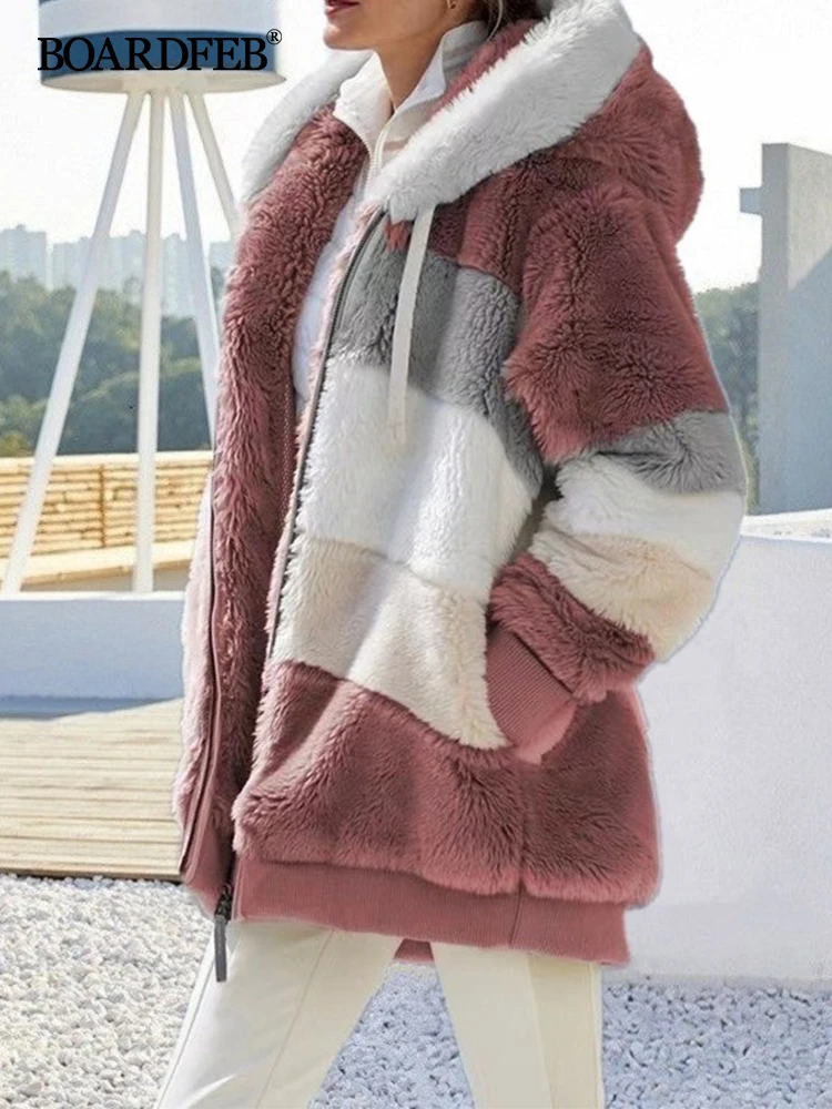 Womens Fuzzy Fleece Jacket Hooded Zipper Color Block Soft Full Casual Faux Fur Patchwork Long Sleeve Outerwear Coats with Pocket