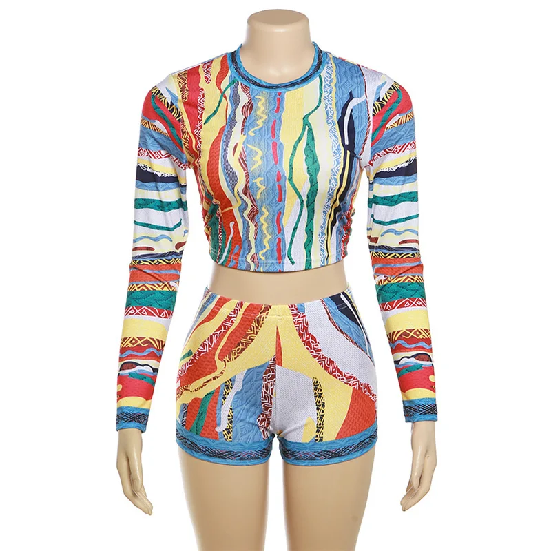 Description Picture 3 of itemSimenual 2000s Aesthetic Chic Printed 2 Piece Set Fairy Long Sleeve O Neck Crop Tops Hot Bodycon Shorts Women Retro Co-ord Suits