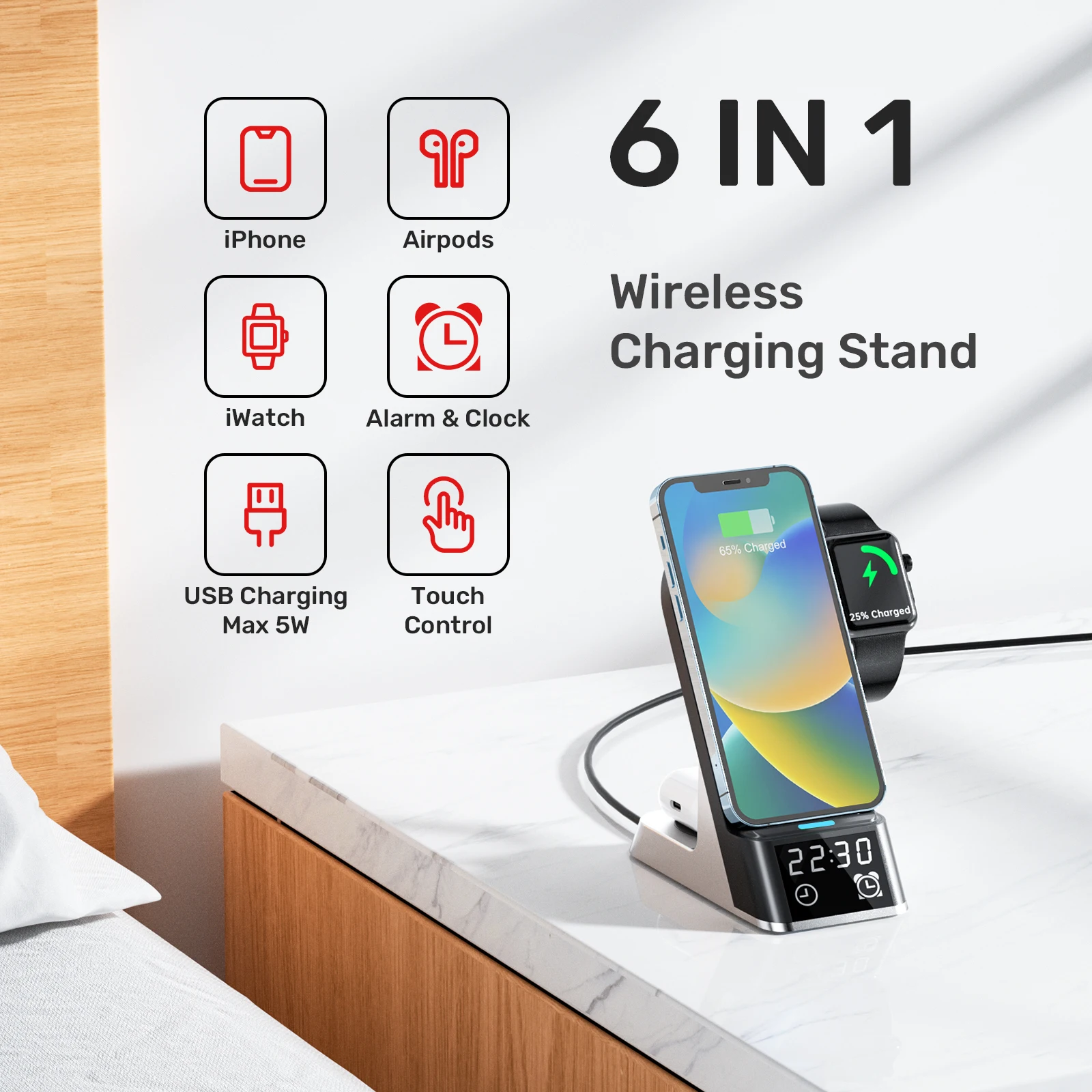 Description Picture 2 of itemUnitek Wireless Charging Station with Alarm Clock Qi Certified Fast Wireless Charger Stand for iPhone 14 13 12 11 iWatch AirPods