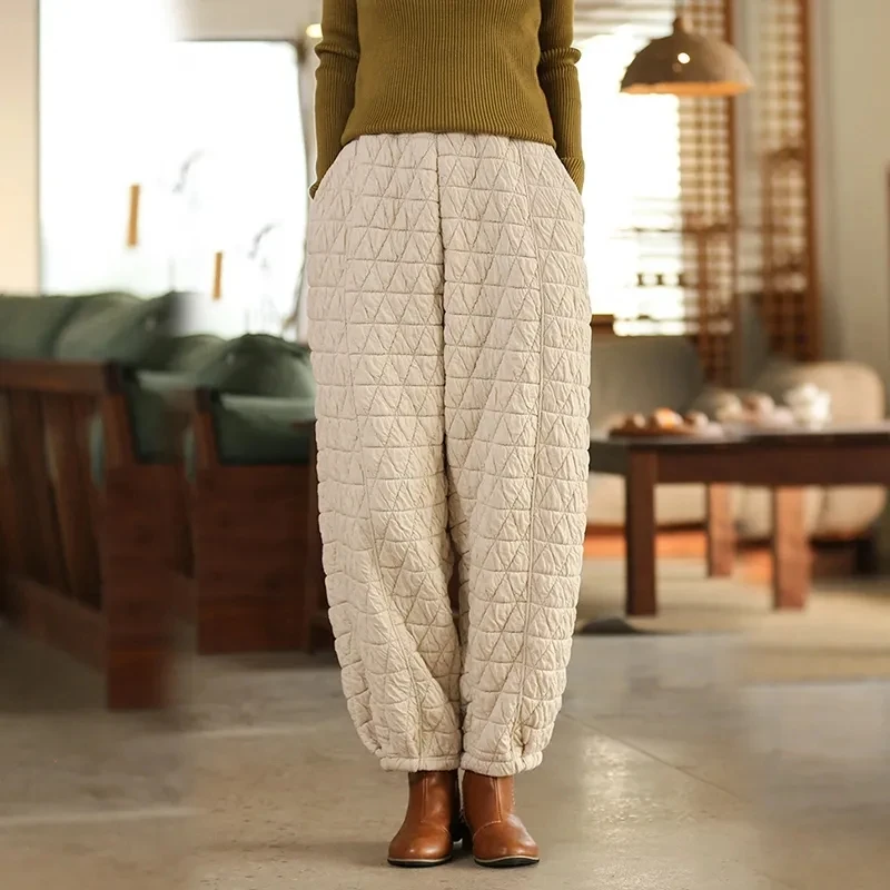 Plus Size L-4xl Winter Thicken Warm Quilted Cotton Bloomers Pant Women Korean Baggy Harem Pant Plaid Elasticity Streetwear Pants