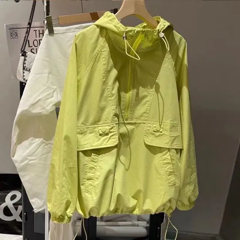 Description Picture 3 of itemWomen Zipper Jacket Fashion Yellow Summer Hooded Top Thin Coat 2023 New Korean Loose Sun Screen Clothing Hoodies Outwear Female