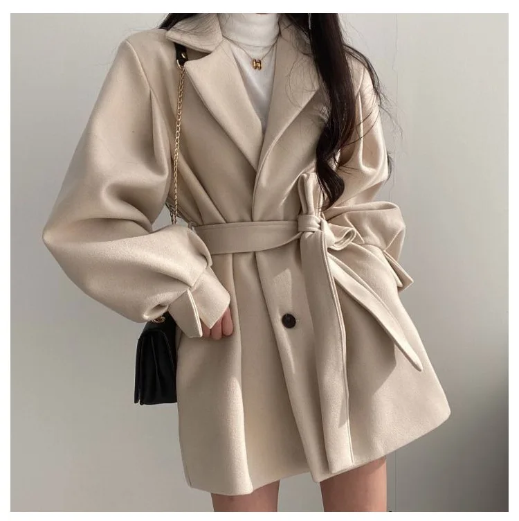 Description Picture 2 of itemMid Length Topcoat Blazer Collar Woolen Coat Women Belted Winter Jacket Niche Vintage Loose Fashion Overcoat Solid Trench Coats