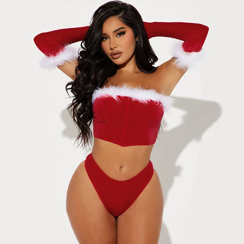 Description Picture 3 of itemWomen Christmas Erotic Lingerie Velvet Furry Sweetheart 3 Piece Set New Year Strapless Corset Sexy Briefs Long Sleeve Covers