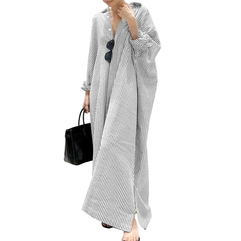 Description Picture 6 of itemDaily Holiday Womens Dress Shirt Dress Cotton Linen Long Sleeve Long Tops Tunic Maxi Kaftan Dress V-neck Baggy