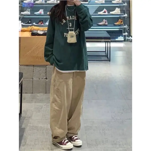Description Picture 6 of itemVintage Cargo Pants Women Khaki Wide Leg Pants womens Harajuku Baggy Sweatpants Hip Hop Trousers Drawstring Streetwear Pantalon