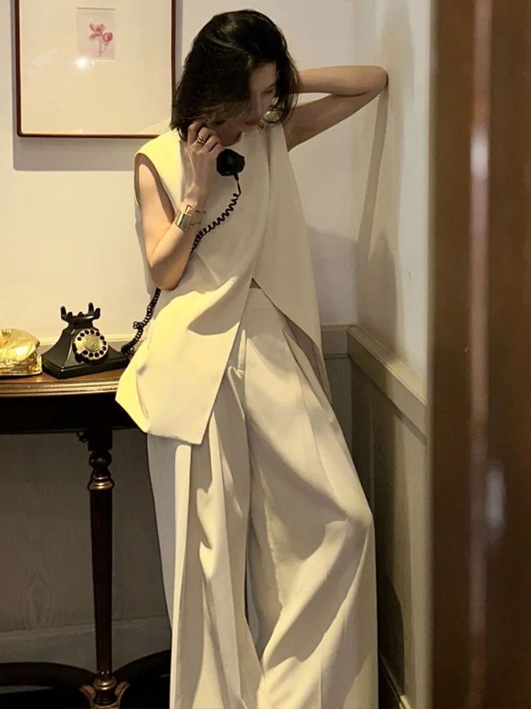 Description Picture 3 of itemWomen Two Piece Set Summer Fashion Solid Tank Top Sleeveless Long Loose Wide Legs Pants Elegant Suits High Streetwear
