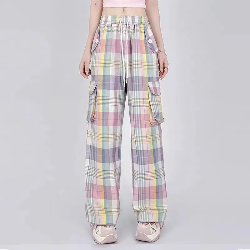 Description Picture 4 of itemColor plaid cargo pants multi-pocket women's streetwear y2k pants sweet pure style straight pants casual versatile trend