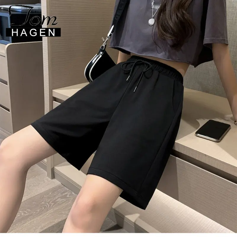 Summer 2023 Women's Cotton Shorts Solid Wide High Waist Above Knee Loose Shorts Women Classic Oversize Black Shorts for Women