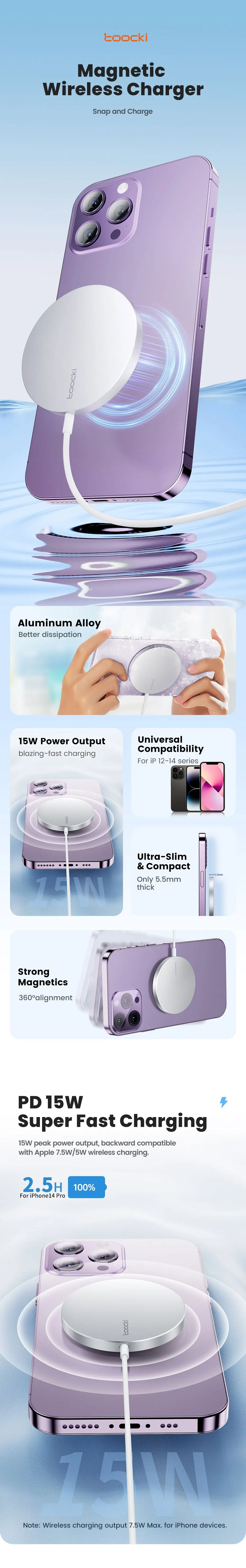 Toocki Magnetic Wireless Charger 15W Fast Charging Wireless Magsafe Charger For iPhone 15 14 13 Pro Max Mini Phone Charger