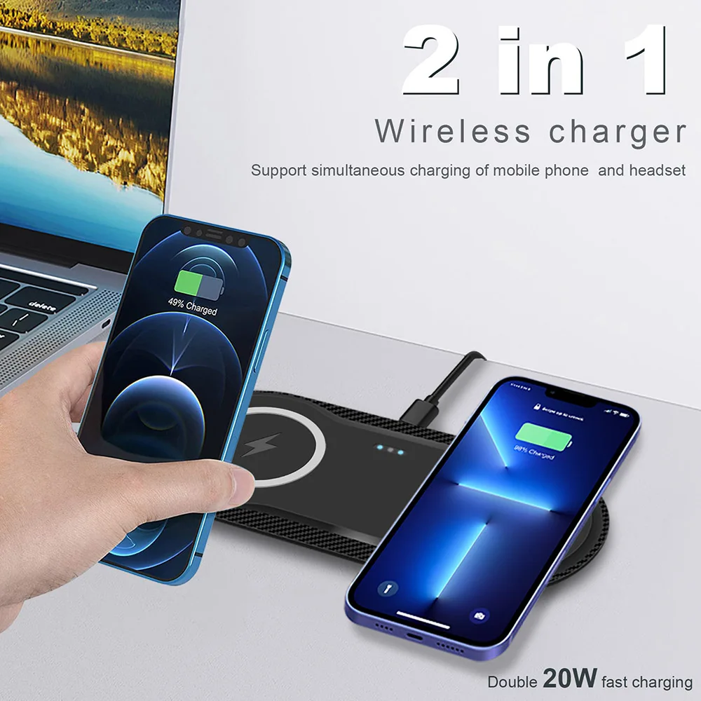 Double 2 in 1 Fast Wireless Charger for iPhone 11 12 13 14 X 8 XR AirPods Pro 40W Dual Wireless Charging Station for Samsung S22