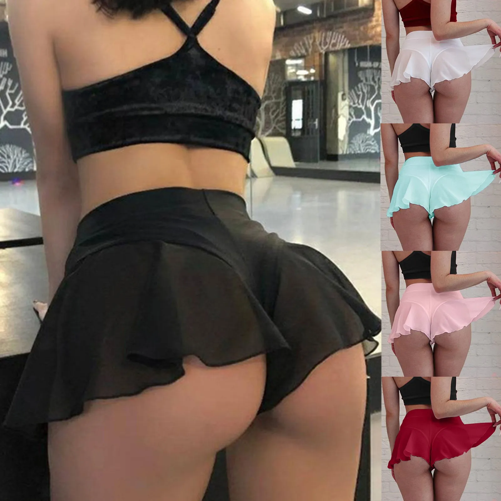 Description Picture 2 of itemFemale High Waist Pole Dance Ruffled Shorts Pants Mini Tight Bikini Perspective Double Layer With Panties Shorts For Women
