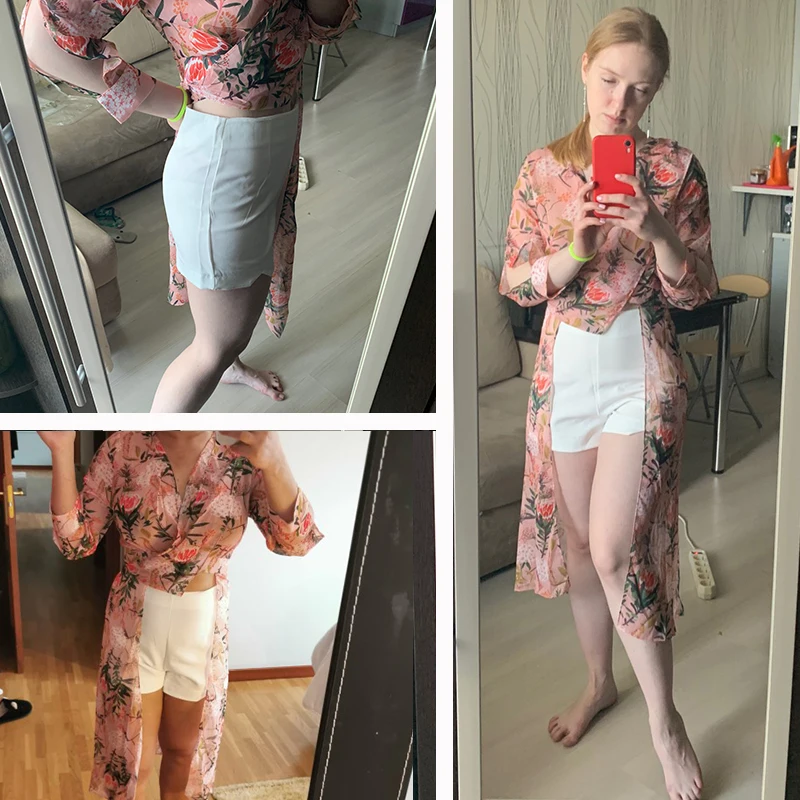 Description Picture 3 of itemLY VAREY LIN 2022 New Autumn Women Casual Two Piece Set Long Sleeve V Neck Asymmetrical Chiffon Shirt White Shorts Ladies Sets