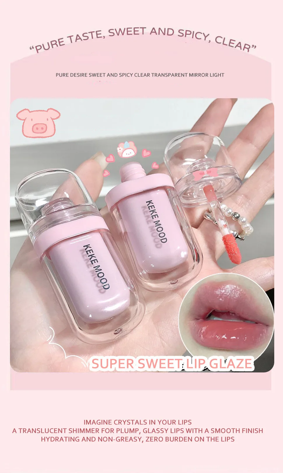 Description Picture 3 of itemCrystal Glossy Lip Glaze Jelly Mirror Water Lip Gloss Lasting Moisturizing Sexy Lip Tint Korean Lip Glaze Girl Beauty Cosmetics