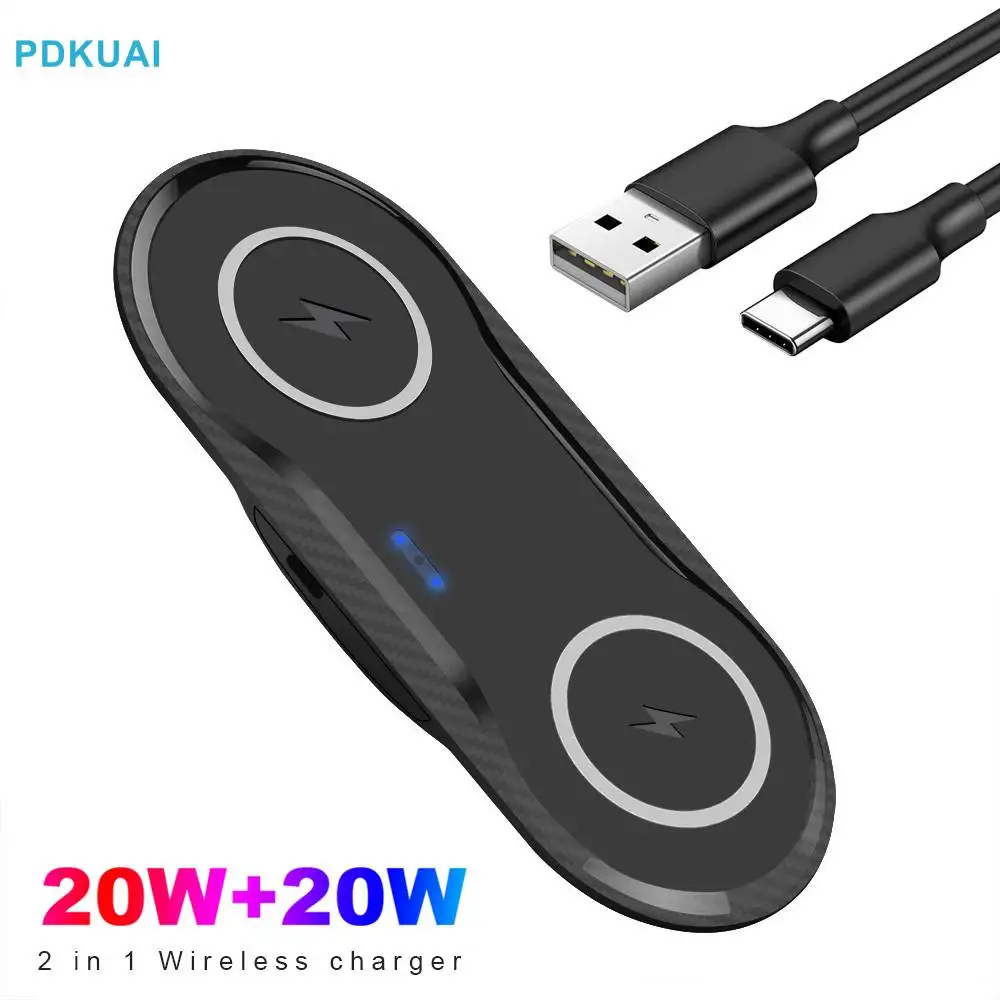 Double 2 in 1 Fast Wireless Charger for iPhone 11 12 13 14 X 8 XR AirPods Pro 40W Dual Wireless Charging Station for Samsung S22