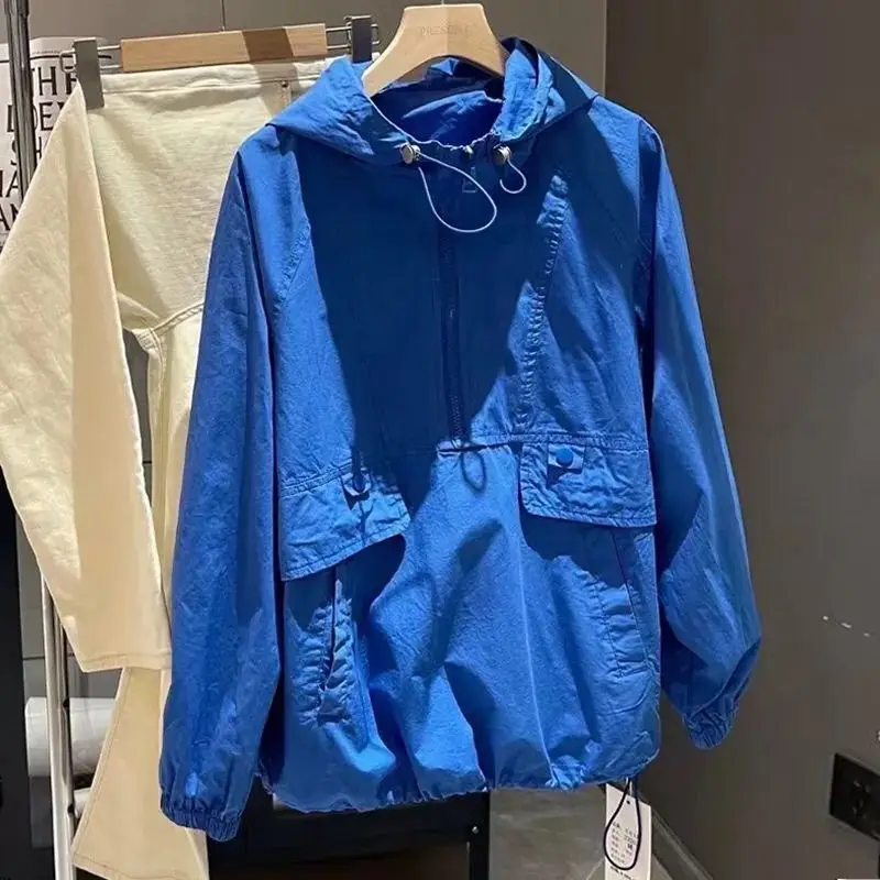 Description Picture 5 of itemWomen Zipper Jacket Fashion Yellow Summer Hooded Top Thin Coat 2023 New Korean Loose Sun Screen Clothing Hoodies Outwear Female