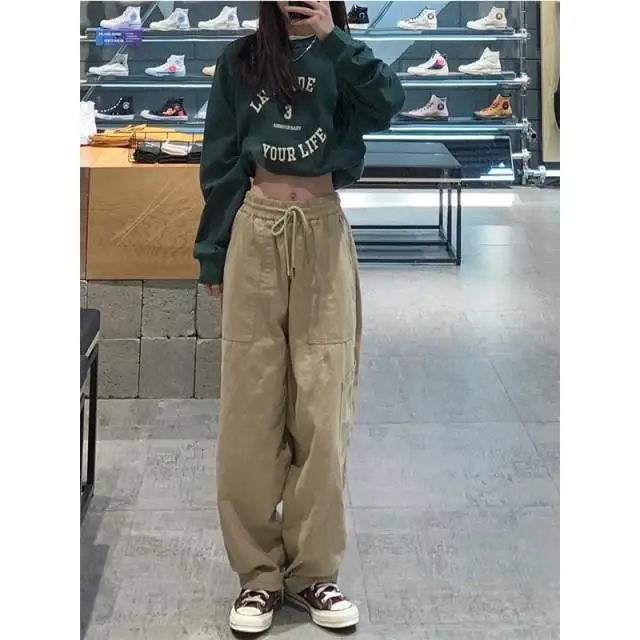 Description Picture 4 of itemVintage Cargo Pants Women Khaki Wide Leg Pants womens Harajuku Baggy Sweatpants Hip Hop Trousers Drawstring Streetwear Pantalon