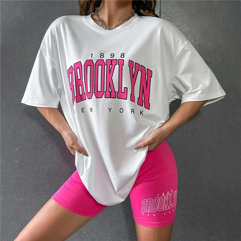 2023 Summer Women Set 2pcs Casual Suit Harajuku Tshirt+Shorts Brooklyn Letter Print Short Sleeve Tee Tops Sports Suit Outfits