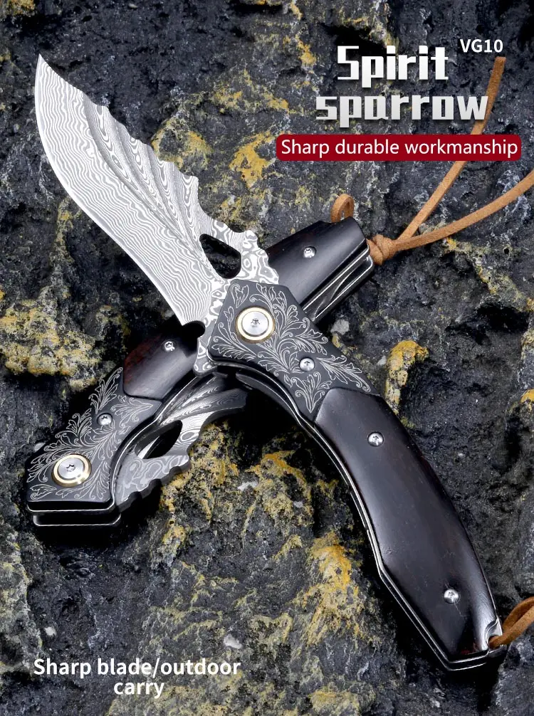 Description Picture 2 of itemDamascus steel folding knife high hardness sharp outdoor camping carry pocket knife portable defense folding fruit knife