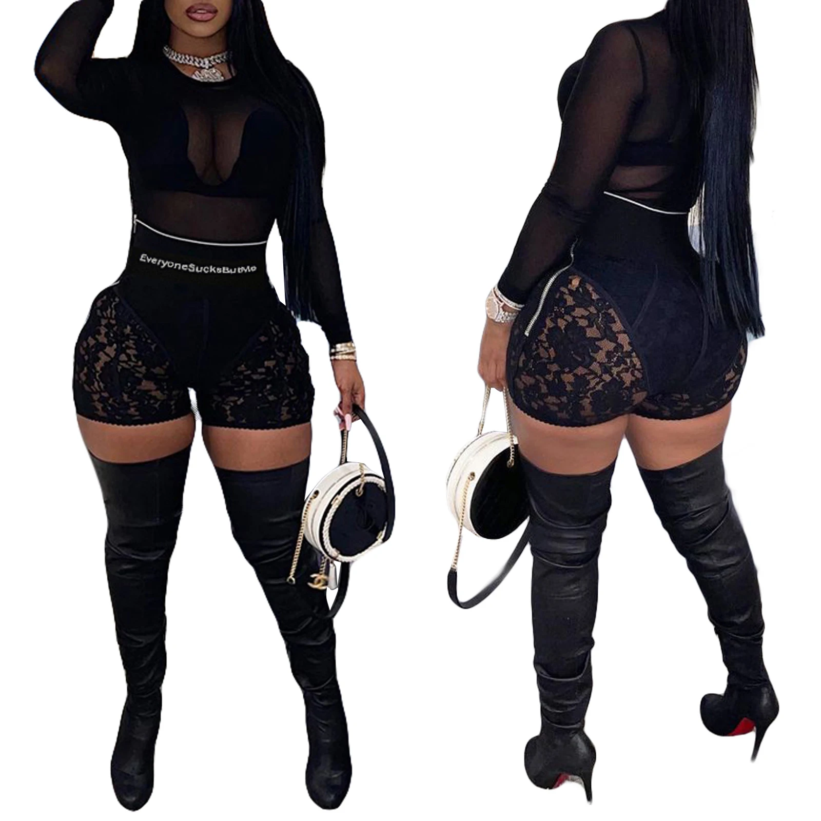 Description Picture 5 of itemNew Fashion Womenu2019s Sexy Lace Shorts Summer High Waist Letter Print Zip Up Skinny Short Leggings for Ladies