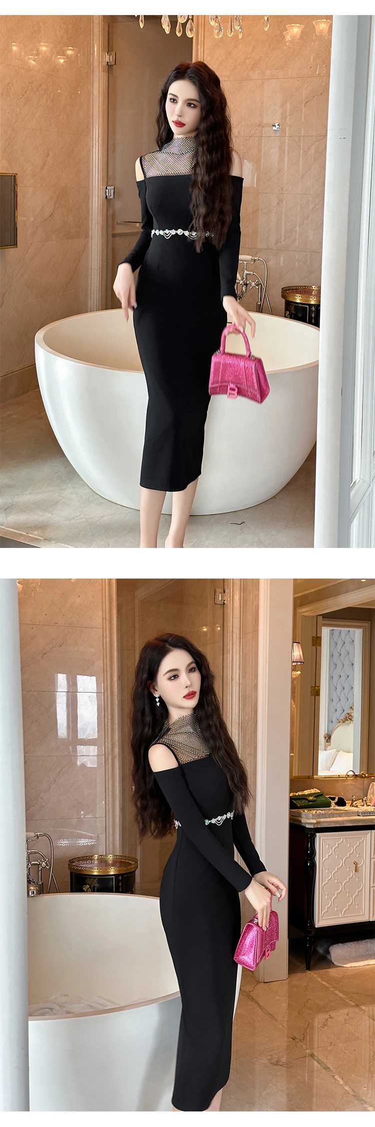 Description Picture 6 of itemFashion Elegant Luxury Evening Long Dresses Women Clothing Ladies Sexy Off-Shoulder Bodycon Slim Fit Vestidos Fiesta Robe Black