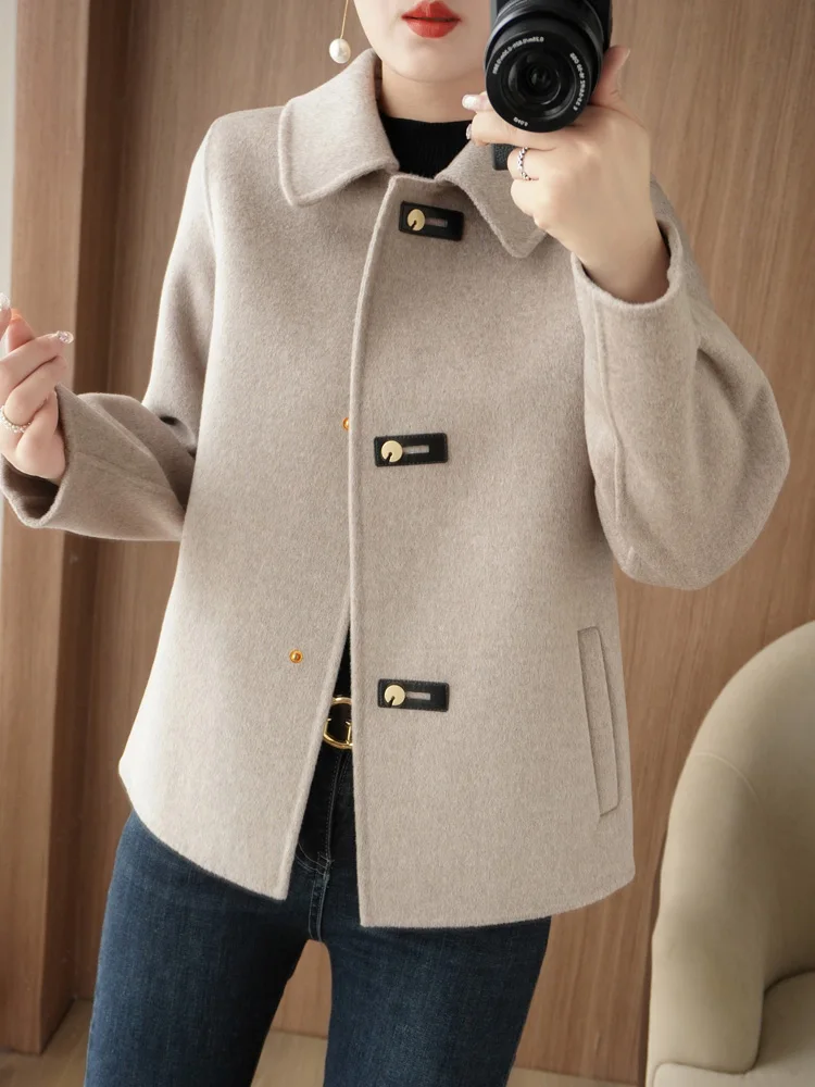 Autumn and Winter New High End 100% Pure Wool Double Sided Cashmere Coat Women's Short Solid Color Casual Fashion Woolen Coat