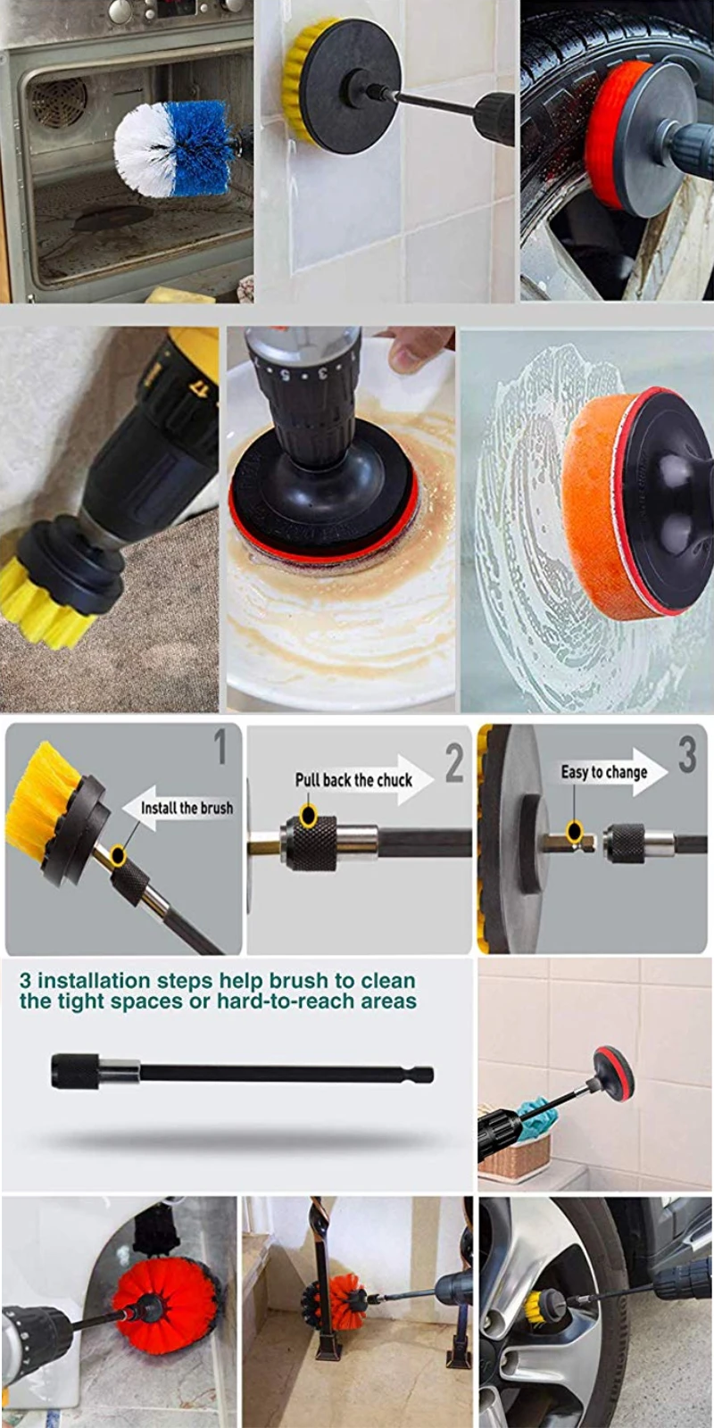 UNTIOR Electric Drill Brush Attachment Set Power Scrubber Brush Car Polisher Kitchen Bathroom Cleaning Kit Toilet Cleaning Tools