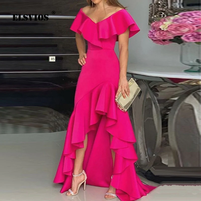 Elegant Ruffled Irregular Maxi Evening Dress Sexy V-neck High Waist Spring Summer Dress Solid Slim Ladies Party Dresses Vestidos