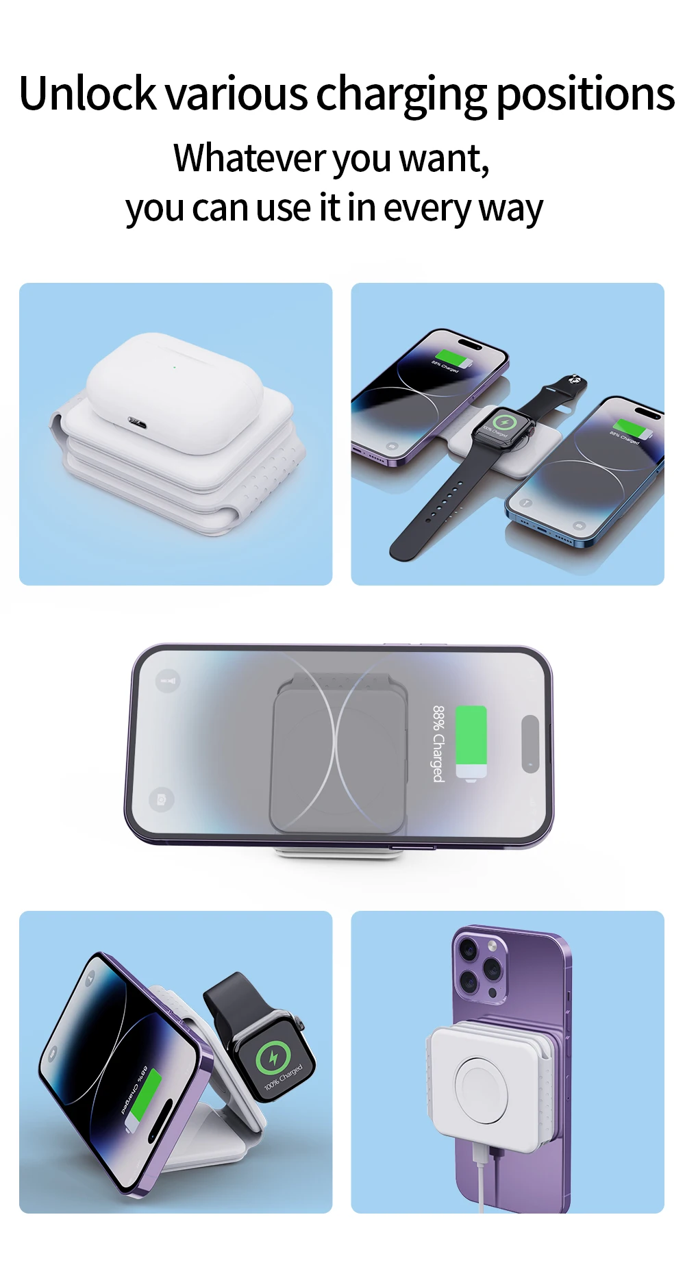 Description Picture 3 of itemRoukyrss 15W mobile phone watch three-in-one magnetic wireless charging magsafe two-way charging folding stand wireless charger