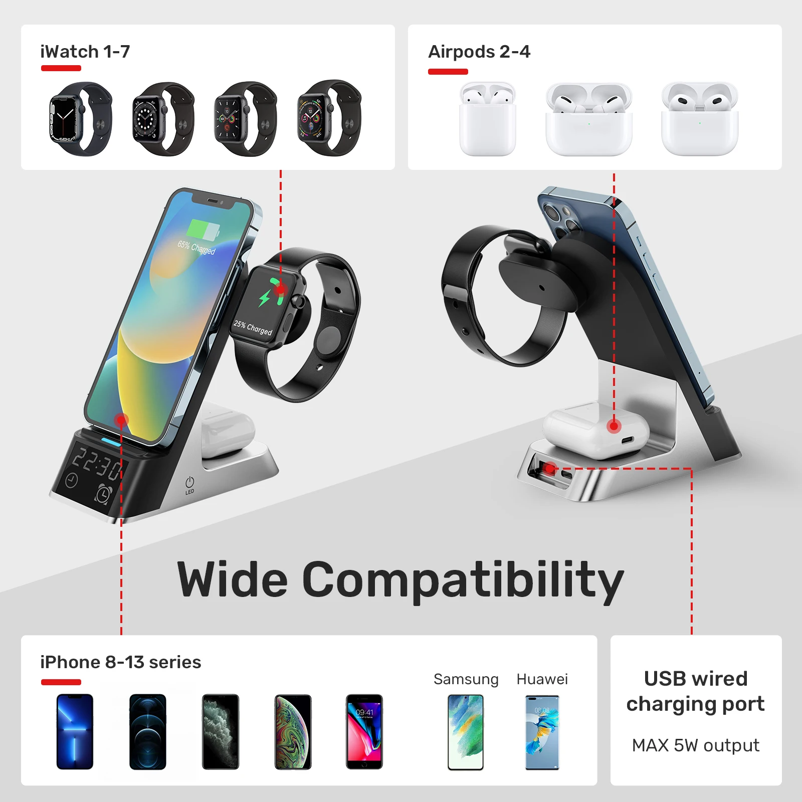 Description Picture 3 of itemUnitek Wireless Charging Station with Alarm Clock Qi Certified Fast Wireless Charger Stand for iPhone 14 13 12 11 iWatch AirPods