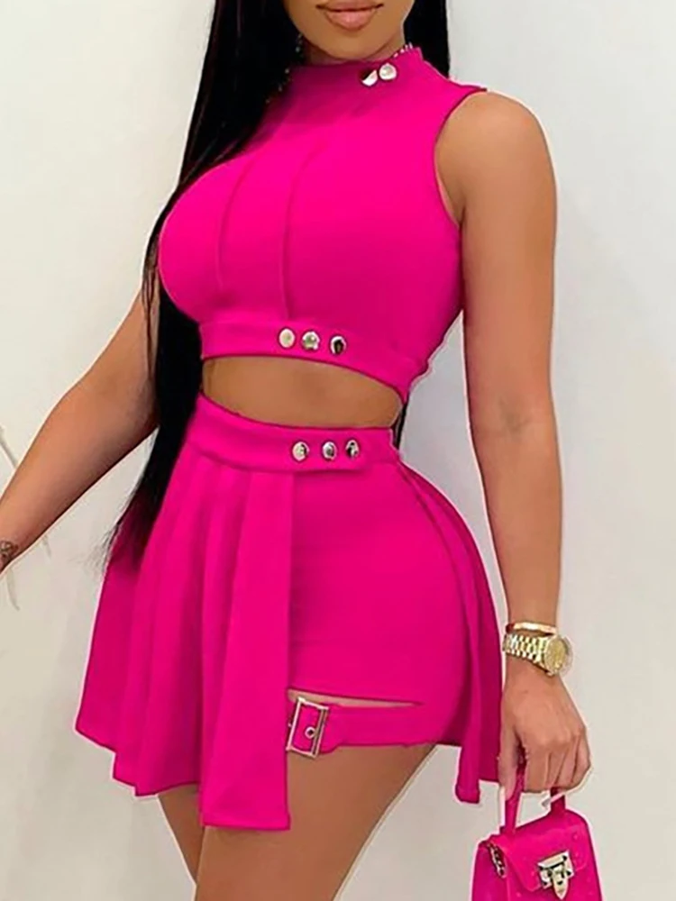 Summer Women 2 Pieces Sets O-Neck Sleeveless Crop Top & Buckled Shorts Skirt Set Female Sexy Ruched Bottom Design Hakama Suits