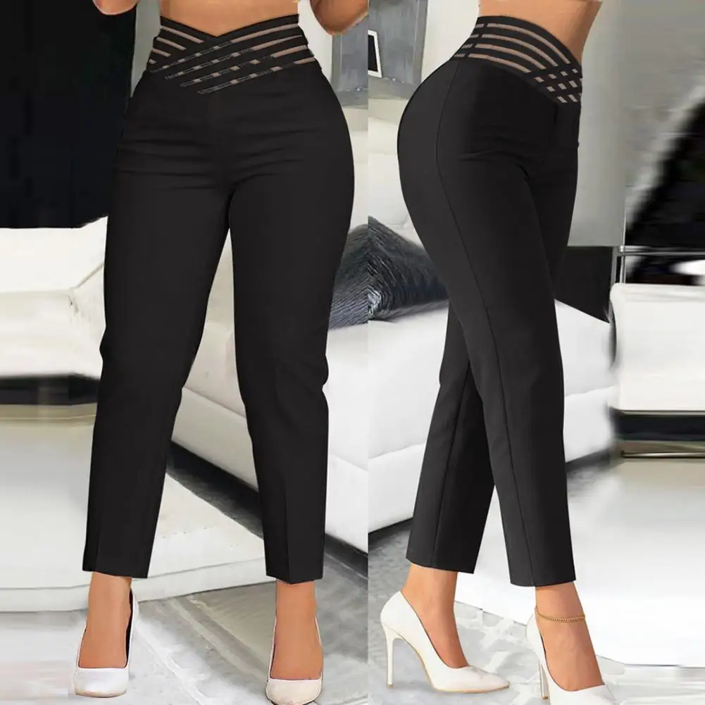 Description Picture 3 of itemWomen Pants Solid Color Hollow High Waist Long Pants Slim Fit Straight Leg Breathable Pencil Trousers Suit Pants Streetwear