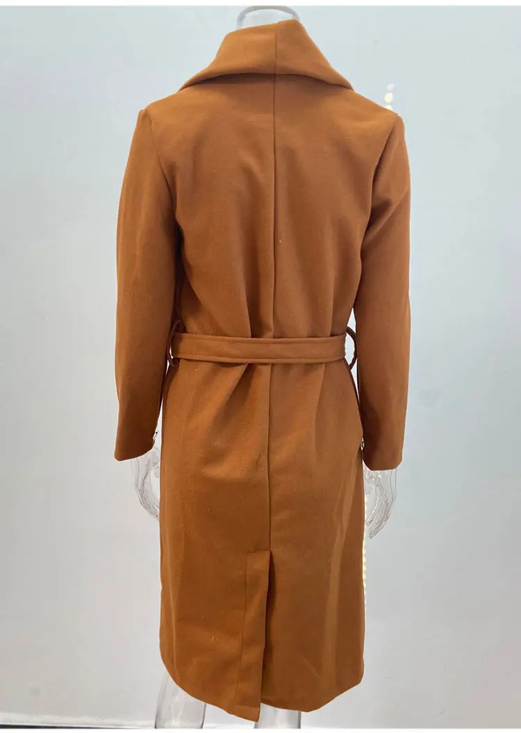 Description Picture 6 of item2023 Autumn/Winter New Women's Solid Color Simple Long Sleeve Windbreaker V-Neck Button Coat Lacing Wool Coat Long Style