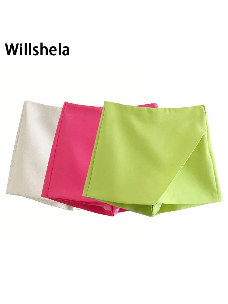Description Picture 3 of itemWillshela Women Fashion Asymmetrical Shorts Skirts High Waist Back Pockets Side Zipper Vintage Female Skort Solid