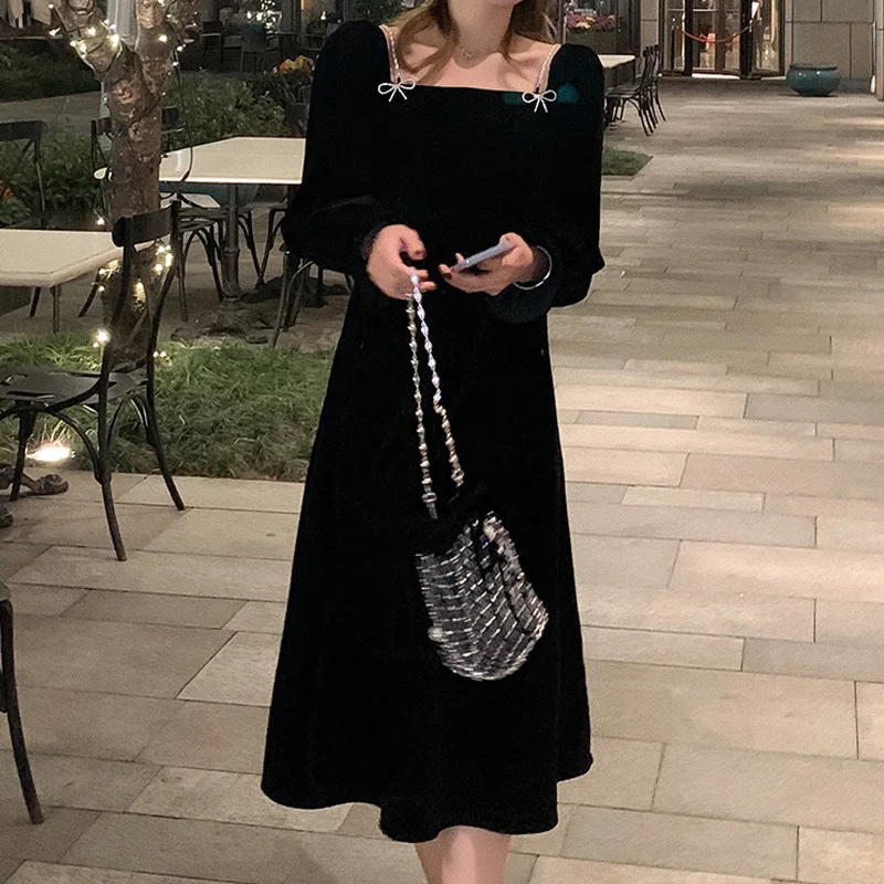 Description Picture 5 of itemSpring 2022 vintage Dress Ladies slim party dress South Korean fashion long sleeve black bow dress elegant ladies